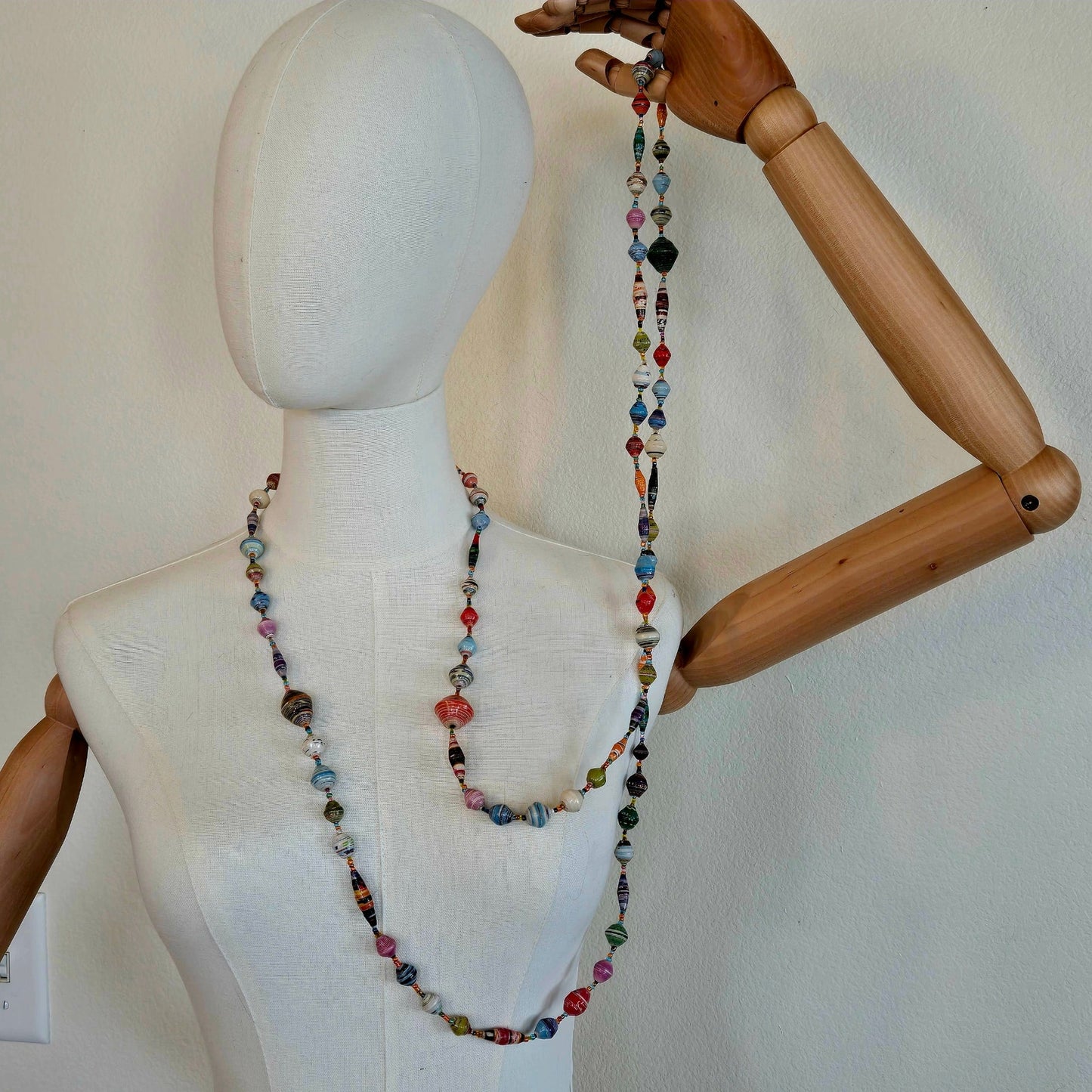 Bohemian Paper Beaded double triple strand long colorful necklace art teacher vibes