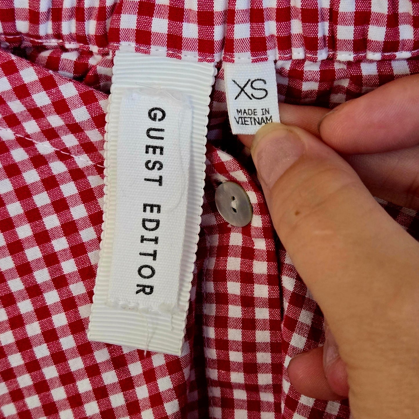 Red and white gingham plaid off the shoulder ruched sleeve cotton top