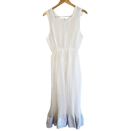 Size M – 1960s White Grecian Maxi Dress w/ Silver Ribbon Hem