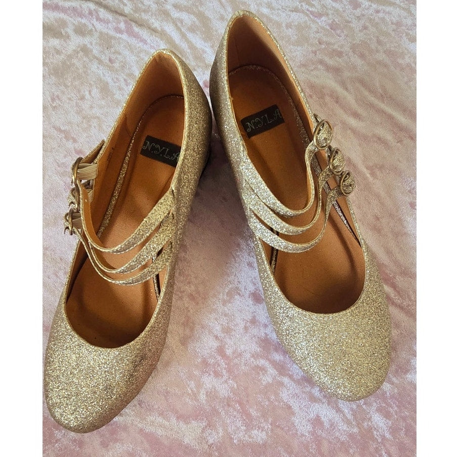 Gold Glitter Ballet triple strap round toe flats kitten heel