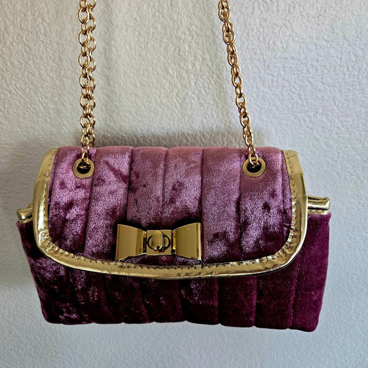 Blush Mauve Velvet Crossbody Metal Bow Shoulder Flap Bag Gold Chain Coquette