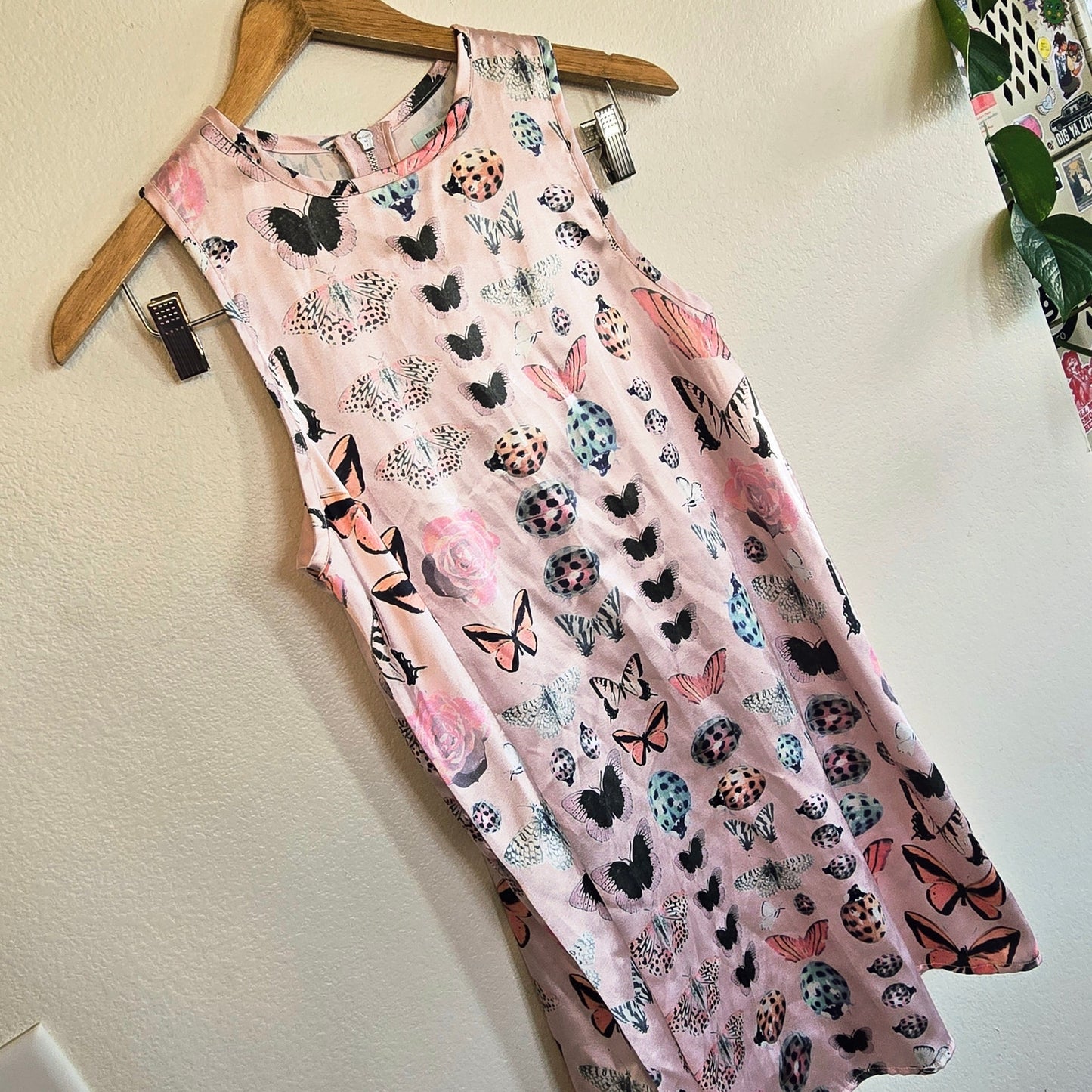 Size XS – Pink Satin Bug Print Shift Dress