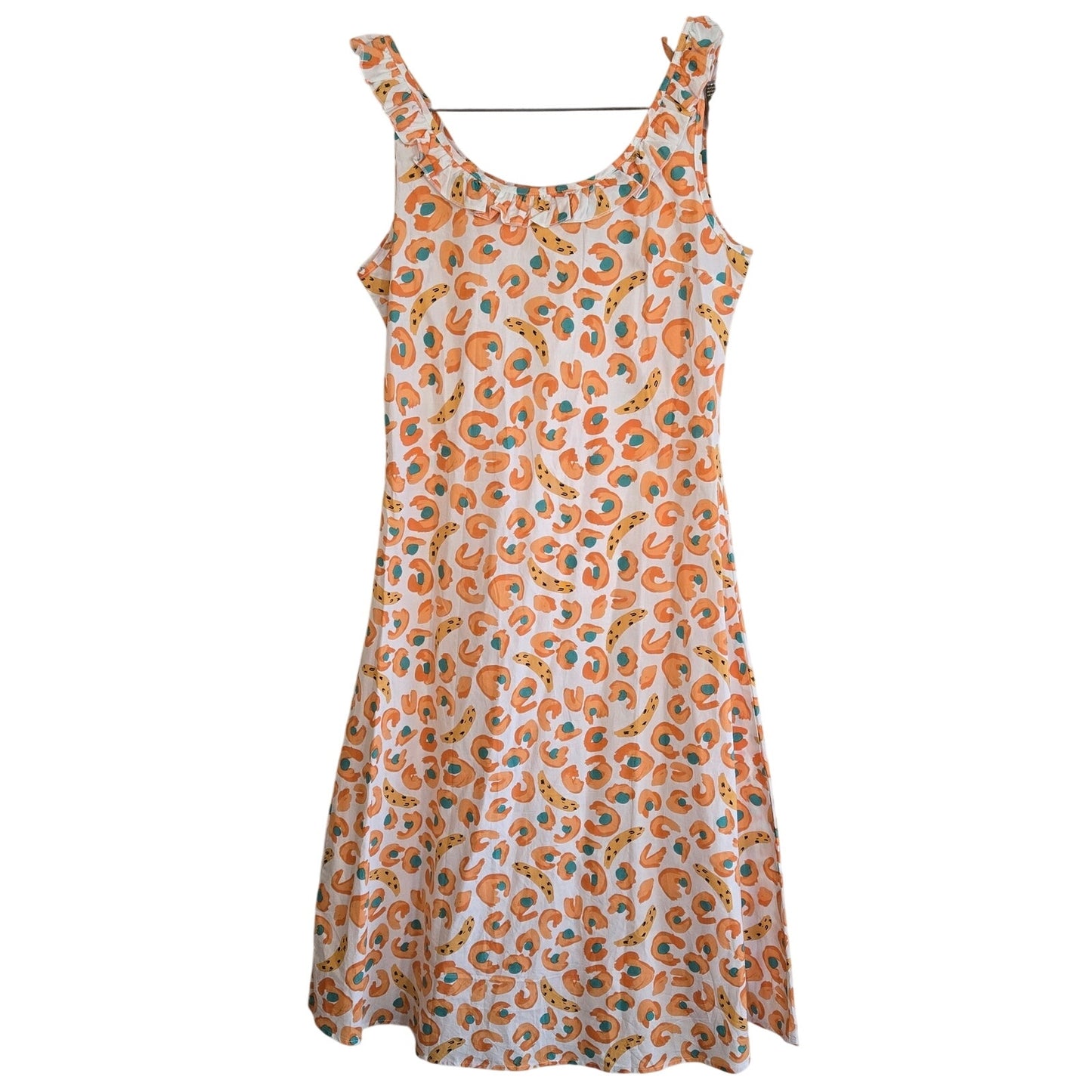 Size Large – Cider White Fruit Print Ruffle-Neck Midi Dress