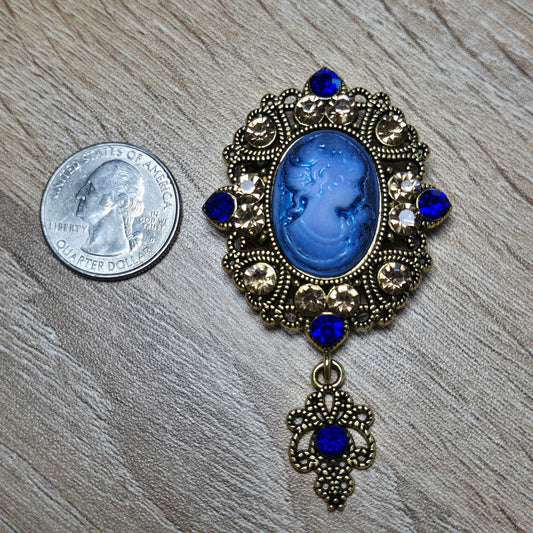 Blue Cameo Brooch with Rhinestones & Dangle