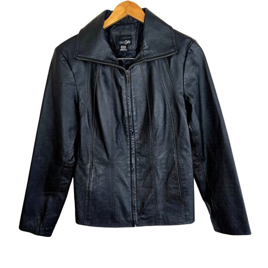 Size M – Black Genuine Leather Moto Jacket by East 5th – Y2K Era
