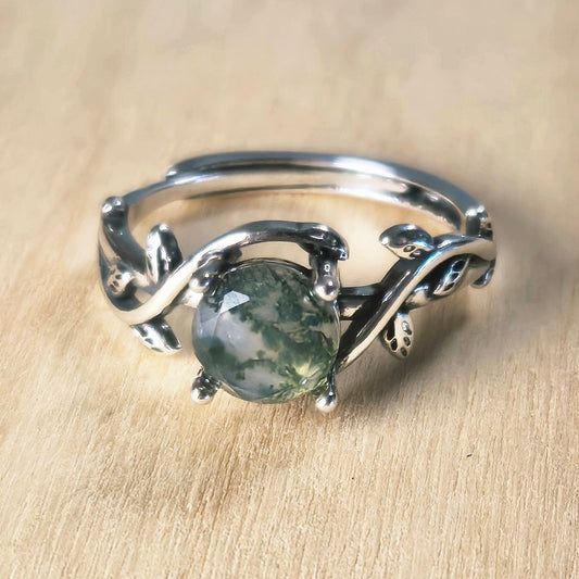 Adjustable | Green Moss Agate Ring with Vine Band