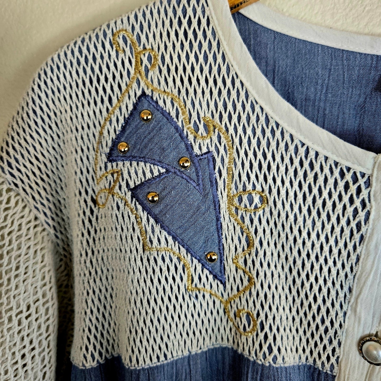 Size L – Vintage 1980s Raphael Denim Blue & White Mesh Romper