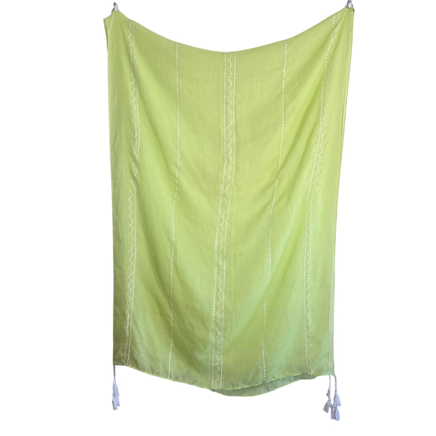 Lime Green Tassel Scarf – Boho Embroidered Sheer Wrap 76x29”