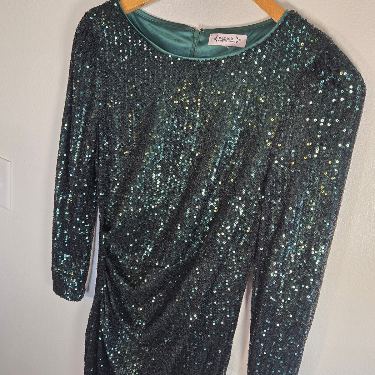 S – Nanette Lepore Green Sequin Ruched Midi Party Dress