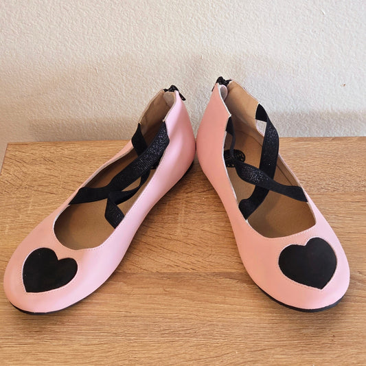 NEW PINK BALLET FLATS WITH BLACK HEART DETAIL COQUETTE
