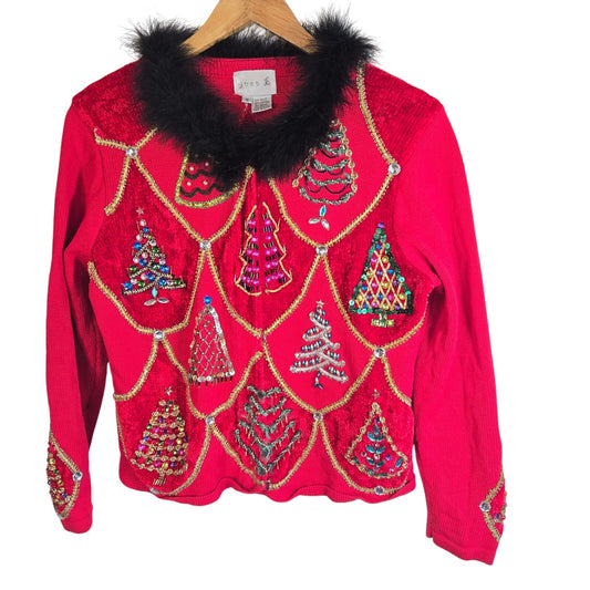 S – Vintage Red Sequin Christmas Tree Cardigan w/ Faux Fur Collar