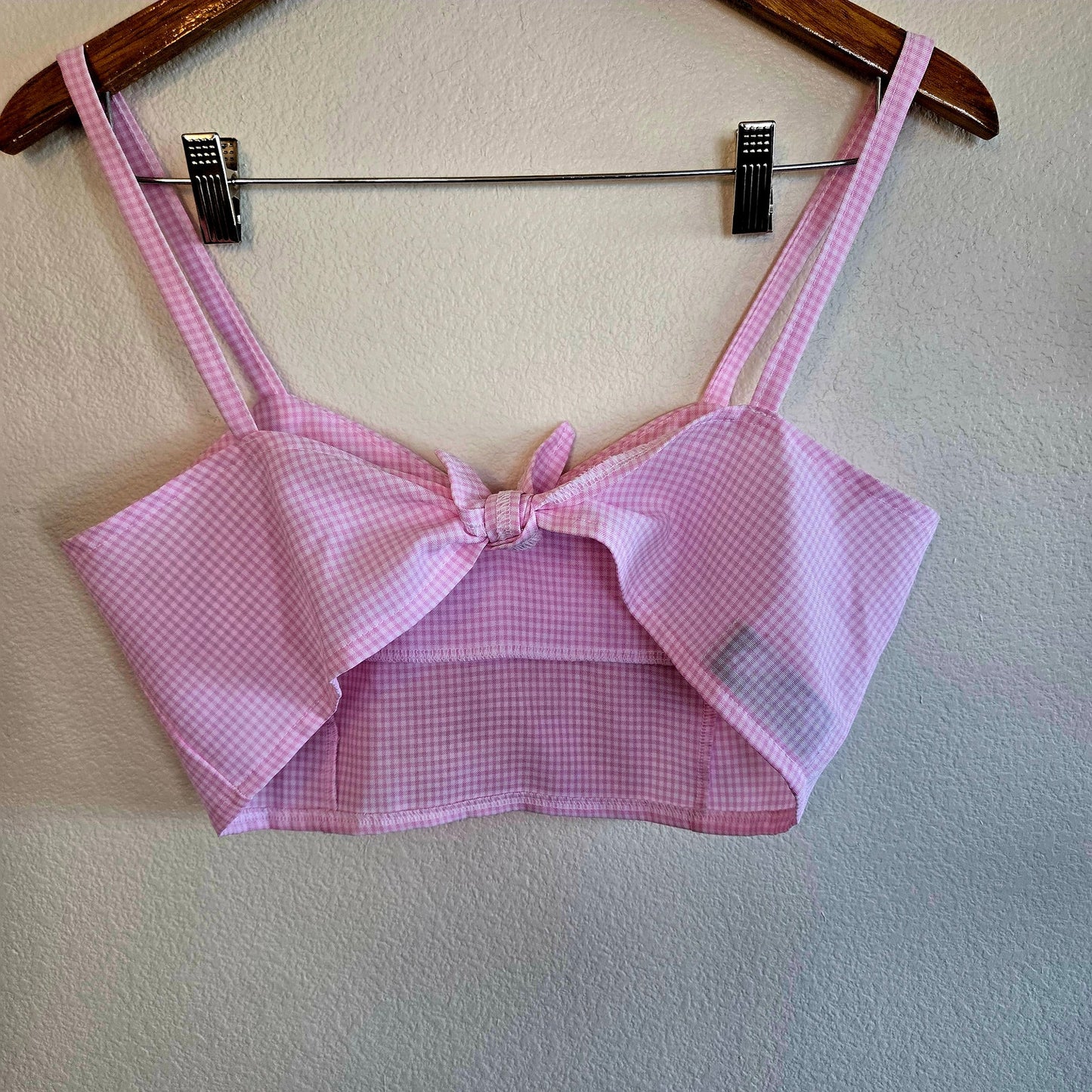 Pink Gingham Crop tank tie back sweetheart neckline lined