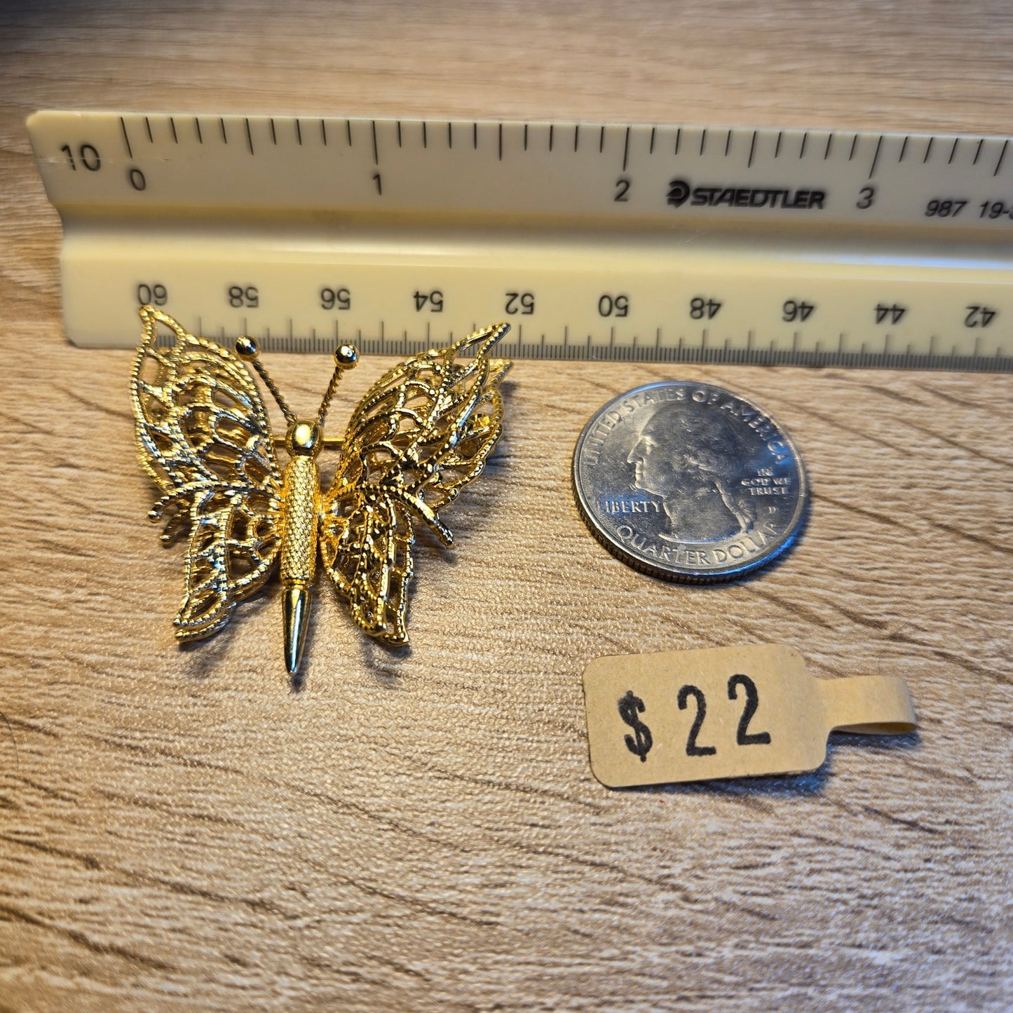 Vintage Gold Tone Butterfly Brooch with 3D Filigree Wings
