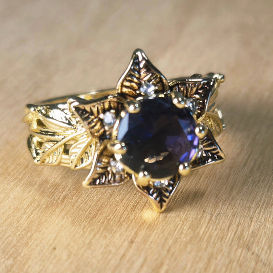Size 7 | Gold Floral Star Ring with Purple Zircon Center